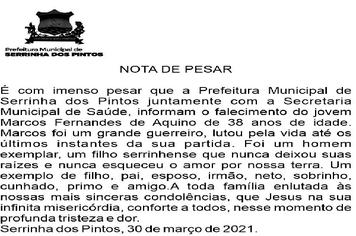 Nota de Pesar
Falecimento do Jovem Marcos Fernandes de Aquino