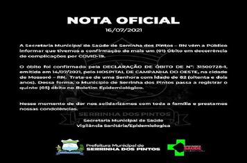 NOTA OFICIAL
Secretaria de saúde vêm a Público informar mais um óbito de complicação do Covid-19