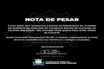 Nota de Pesar
É com pesar que recebemos a notícia do falecimento de UTIGARD DE QUEIROZ,