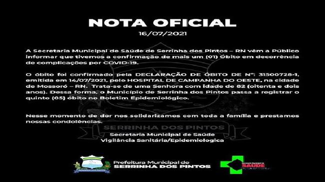 NOTA OFICIAL
Secretaria de saúde vêm a Público informar mais um óbito de complicação do Covid-19