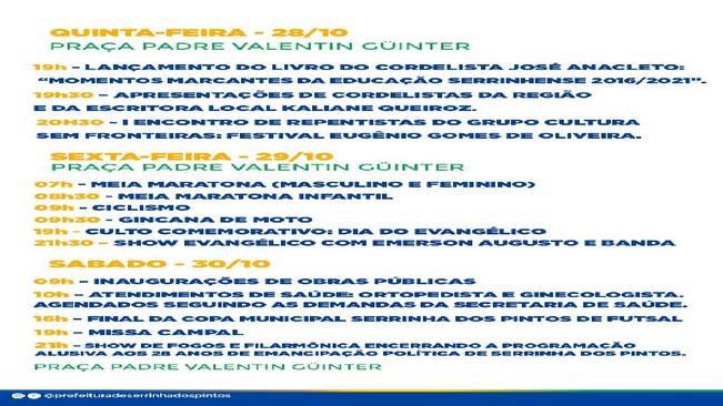 Programação  das atividades alusivas em comemoração aos 28 anos de emancipação política do Município.