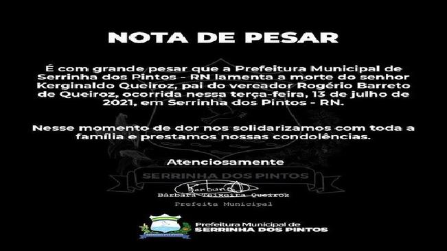 Prefeitura Municipal de Serrinha dos Pintos - RN lamenta a morte do senhor Kerginaldo Queiroz,